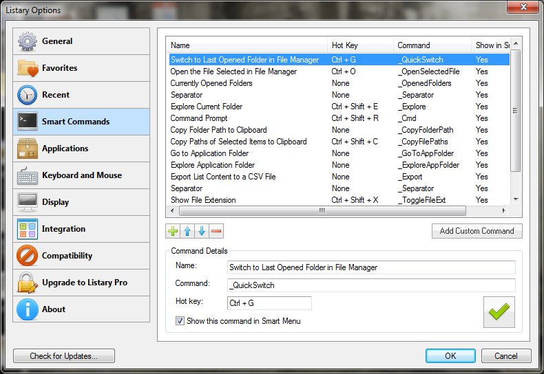 Listary opcije komande