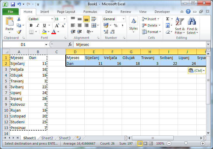 Excel stupci i retci Transposed