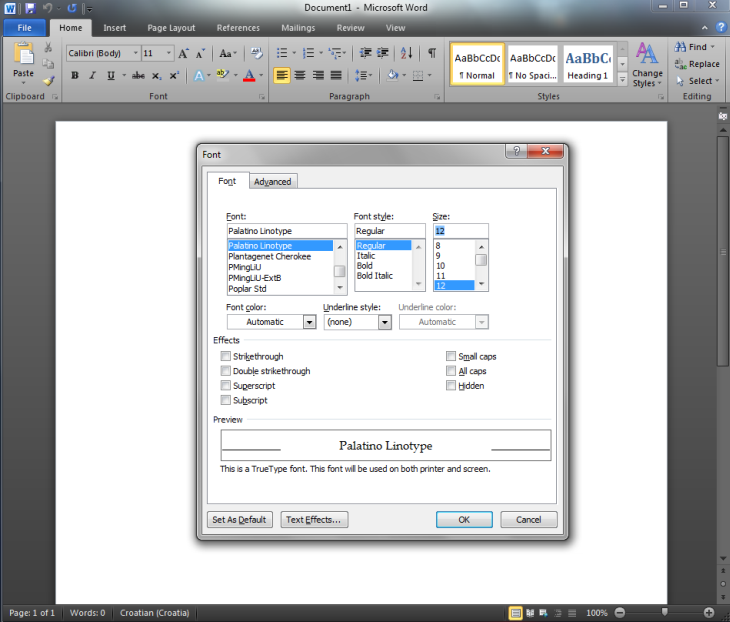 Zadani font Word Palatino